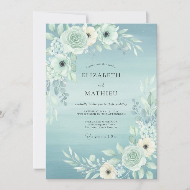 Invitation Mariage Aquarelle Bleu Clair Sérène (Devant)