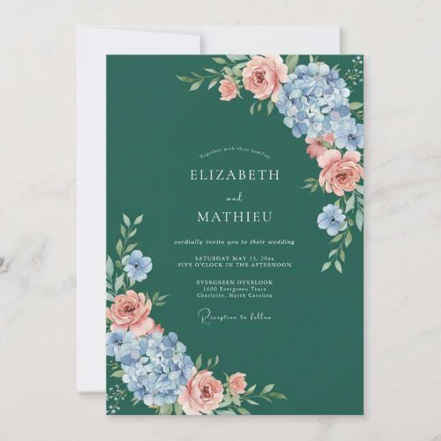 Invitation Mariage aquarelle bleu émeraude floral (Devant)