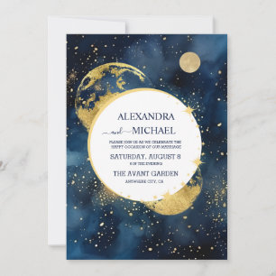 Invitation Mariage aquarelle bleu et or de minuit mystique