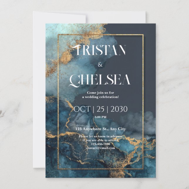 Invitation Mariage Aquarelle Bleu Marbre Or Luxe (Devant)