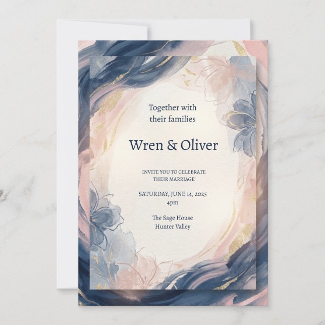 Invitation Mariage aquarelle bleu marine rose (Devant)