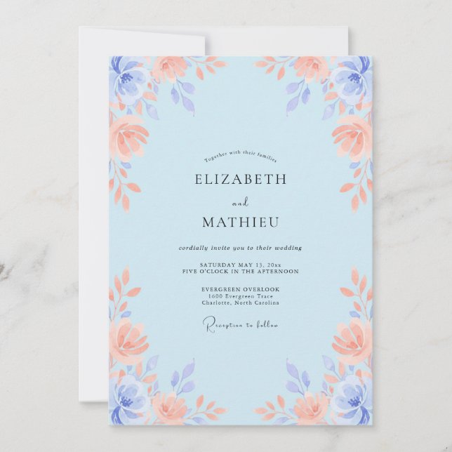 Invitation Mariage Aquarelle Bleu Pâle Élégant (Devant)