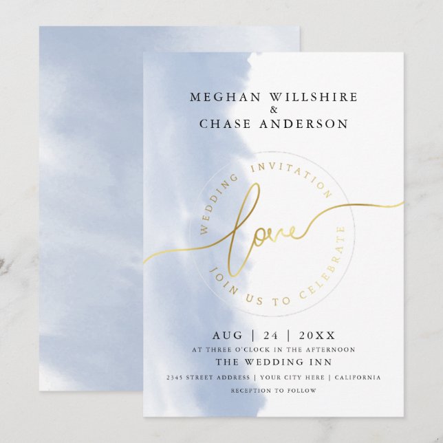 Invitation MARIAGE |  Aquarelle bleu poussiéreux  (Devant / Derrière)
