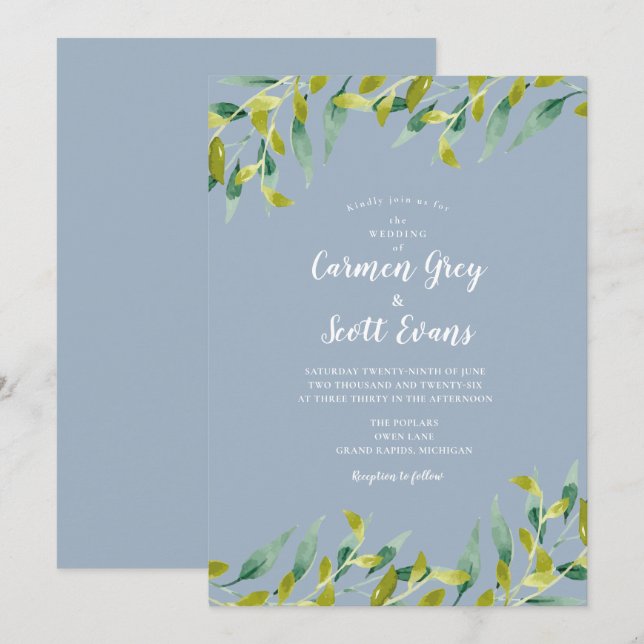 Invitation Mariage Aquarelle Bleu Poussiéreux Eucalyptus Verd (Devant / Derrière)