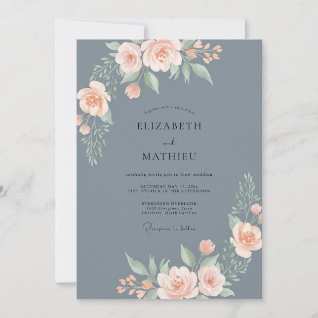 Invitation Mariage aquarelle bleu poussiéreux pêche (Devant)