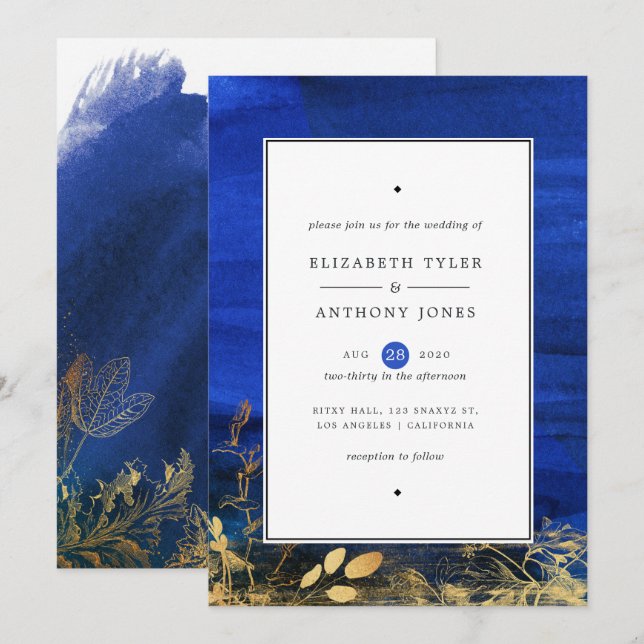 Invitation Mariage aquarelle bleu royal et or (Devant / Derrière)
