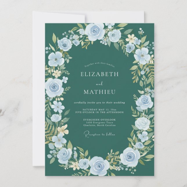 Invitation Mariage aquarelle bleu sarcelle profond (Devant)