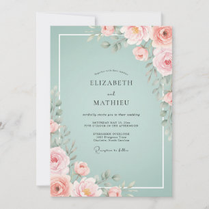 Invitation Mariage aquarelle bleu vert clair et rose