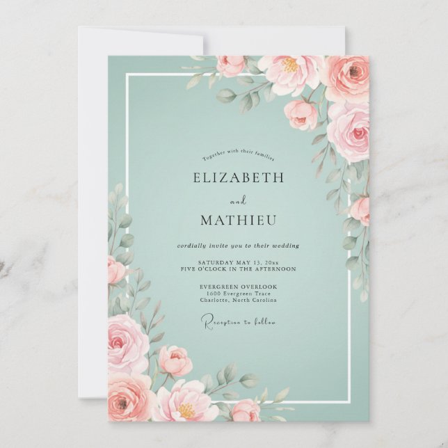 Invitation Mariage aquarelle bleu vert clair et rose (Devant)