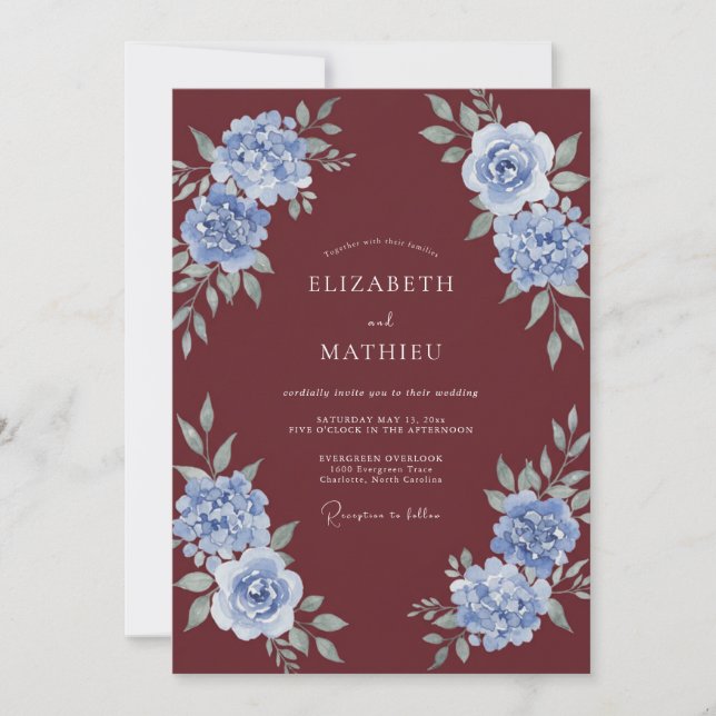 Invitation Mariage aquarelle bleuet bordeaux (Devant)