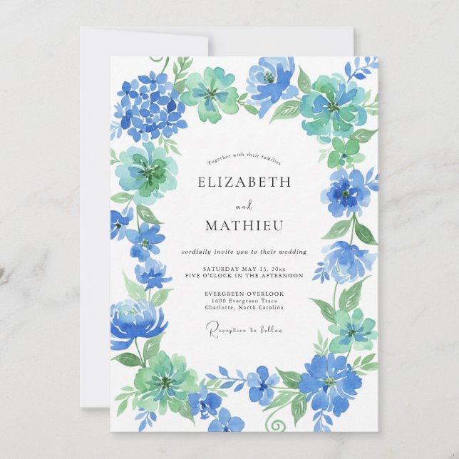 Invitation Mariage aquarelle bleuet et menthe (Devant)