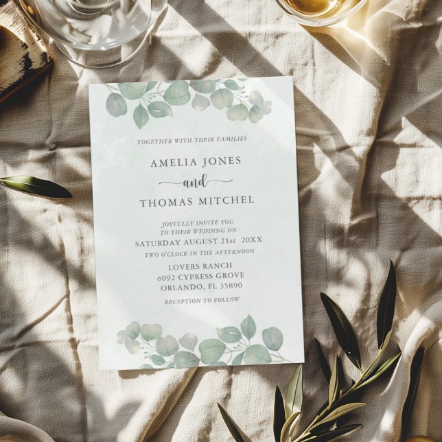 Invitation Mariage aquarelle bohème vert eucalyptus (Créateur téléchargé)