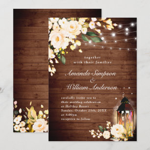 Invitation Mariage aquarelle bois et roses blush et lanterne
