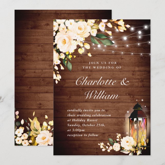 Invitation Mariage aquarelle Bois & Roses Blush & Lanterne (Devant / Derrière)