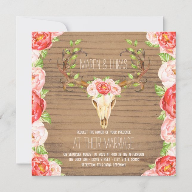 Invitation Mariage aquarelle bois rustique bois de cerf (Devant)
