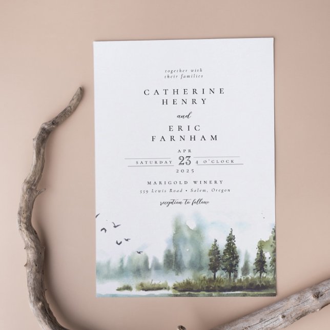 Invitation Mariage aquarelle boisé au lac Forest (Créateur téléchargé)