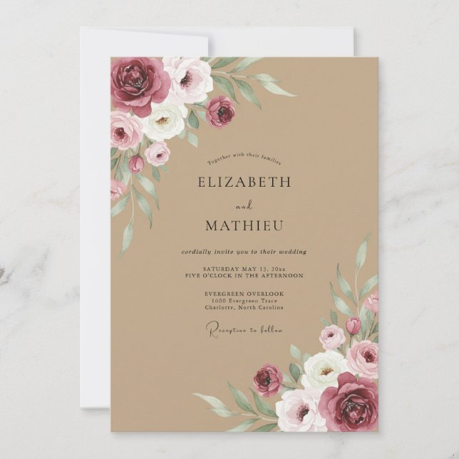 Invitation Mariage aquarelle bordeaux et beige (Devant)