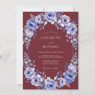 Invitation Mariage aquarelle bordeaux et pérvenche