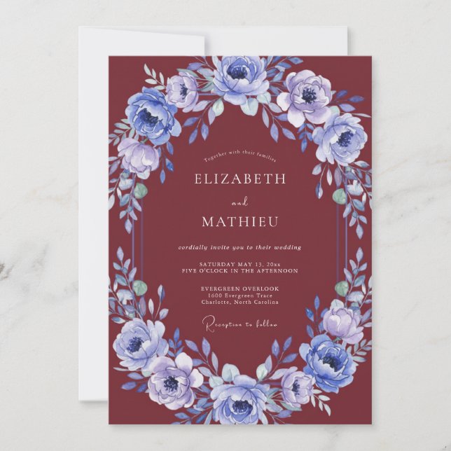 Invitation Mariage aquarelle bordeaux et pérvenche (Devant)