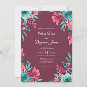 Invitation Mariage aquarelle bordeaux magenta