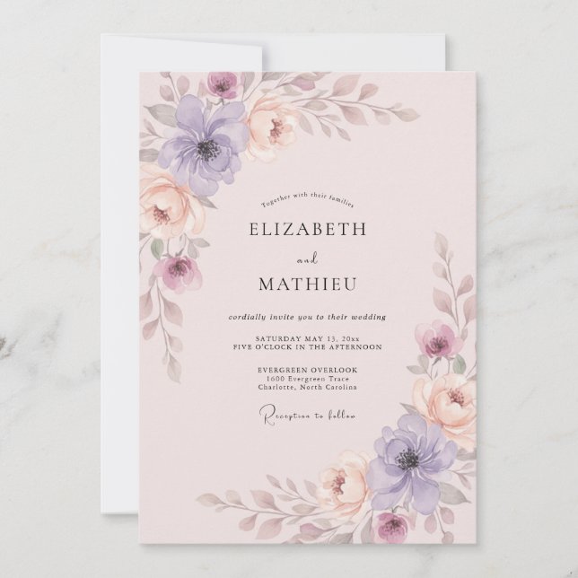 Invitation Mariage Aquarelle Botanique à la Lavande Douce (Devant)