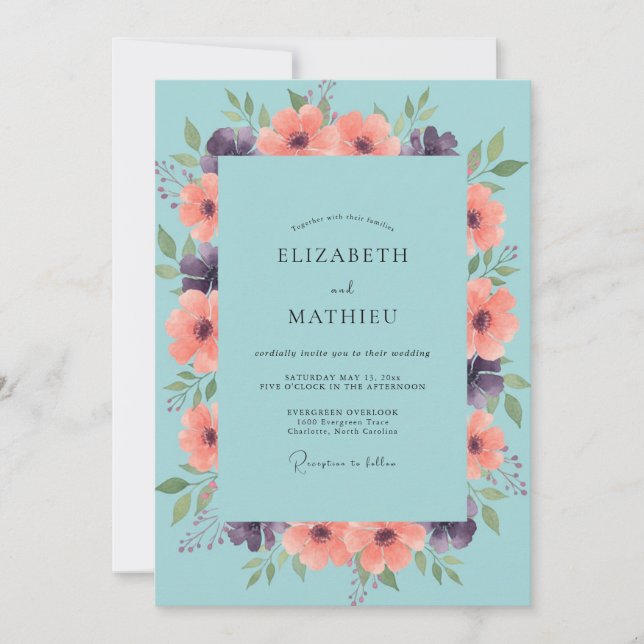 Invitation Mariage Aquarelle Botanique Aqua Corail (Devant)