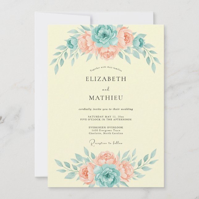 Invitation Mariage Aquarelle Botanique Aqua Pêche (Devant)