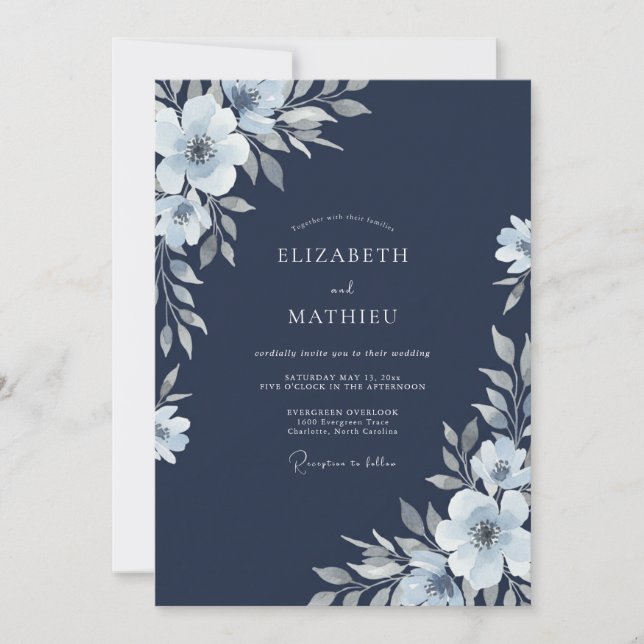 Invitation Mariage aquarelle botanique argent Navy (Devant)