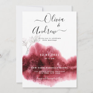 Invitation Mariage aquarelle botanique argent rouge Bourgogne