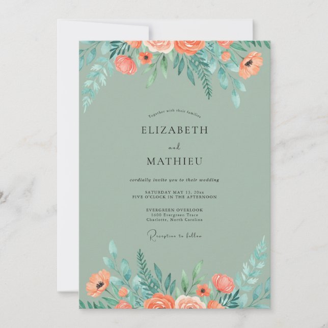 Invitation Mariage Aquarelle Botanique au Corail Sage (Devant)