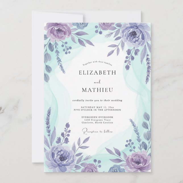 Invitation Mariage Aquarelle Botanique Azur Lavande (Devant)