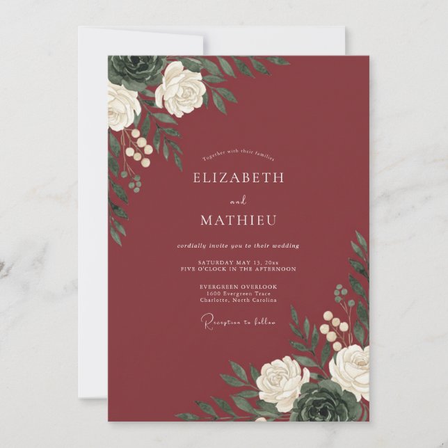 Invitation Mariage aquarelle botanique blanc et burgundy (Devant)