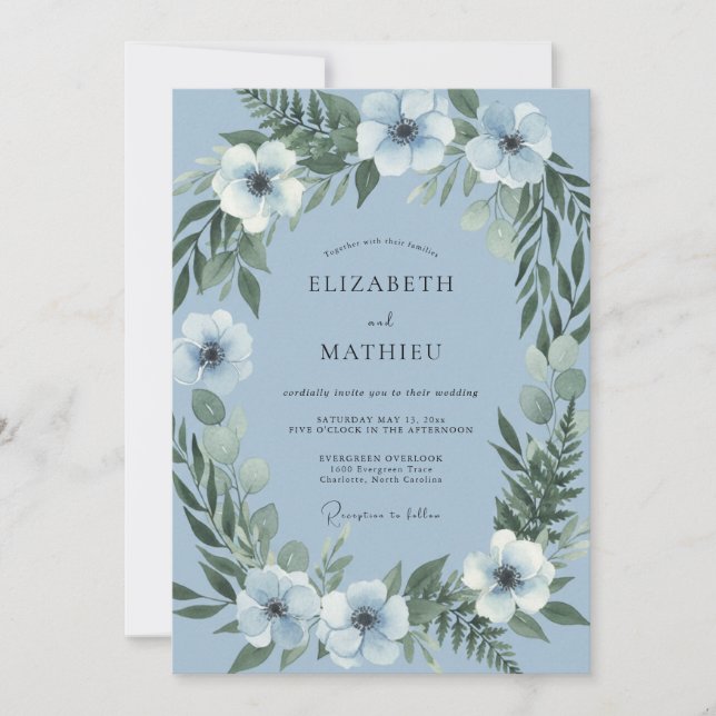 Invitation Mariage Aquarelle Botanique Bleu Ardoise (Devant)