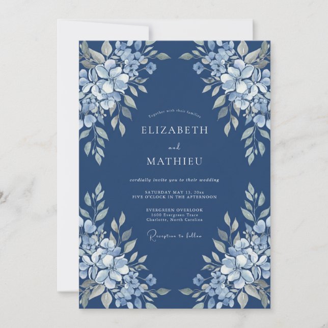 Invitation Mariage aquarelle botanique bleu de minuit (Devant)