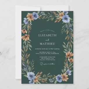 Invitation Mariage Aquarelle Botanique Bleu Émeraude