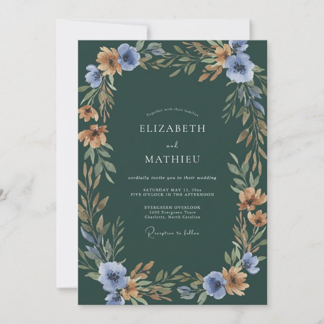 Invitation Mariage Aquarelle Botanique Bleu Émeraude (Devant)