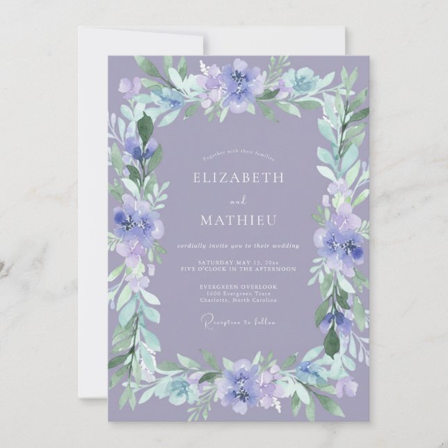 Invitation Mariage Aquarelle Botanique Bleu Lavande (Devant)