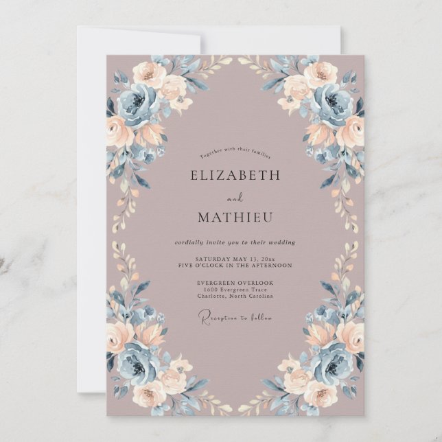 Invitation Mariage Aquarelle Botanique Bleu Mauve (Devant)