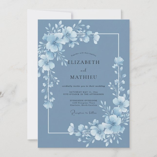 Invitation Mariage aquarelle botanique bleu poussiéreux (Devant)