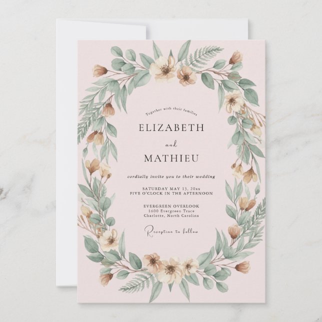 Invitation Mariage Aquarelle Botanique Blush Sage (Devant)