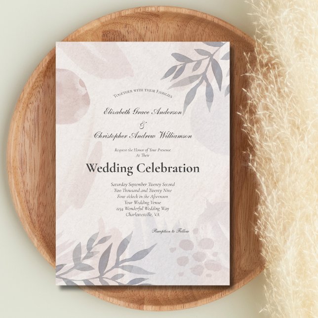 Invitation Mariage aquarelle botanique boho feuilles rose ble (Boho blush pink blue gray abstract shapes leaves Wedding Invitation Printed or Instant Download )