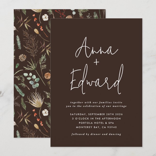 Invitation Mariage aquarelle botanique brun moderne (Devant / Derrière)