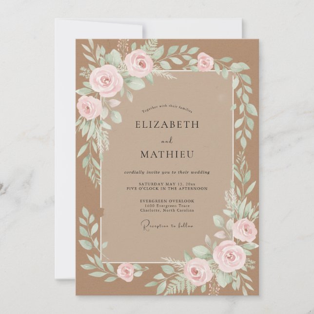Invitation Mariage Aquarelle Botanique Brun Rosé (Devant)