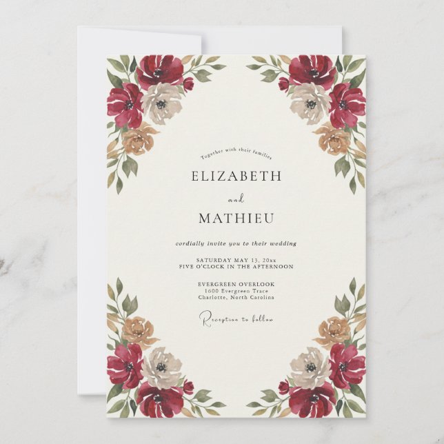 Invitation Mariage aquarelle botanique cramoisie (Devant)