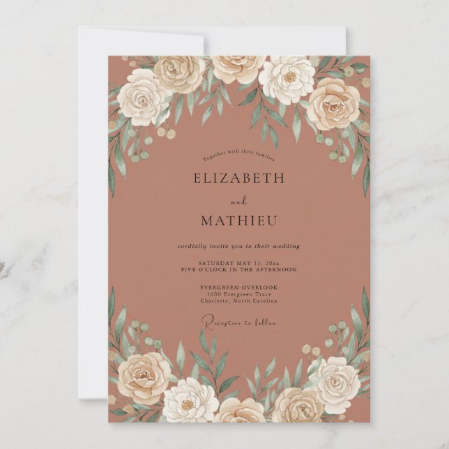 Invitation Mariage aquarelle botanique cuivre (Devant)