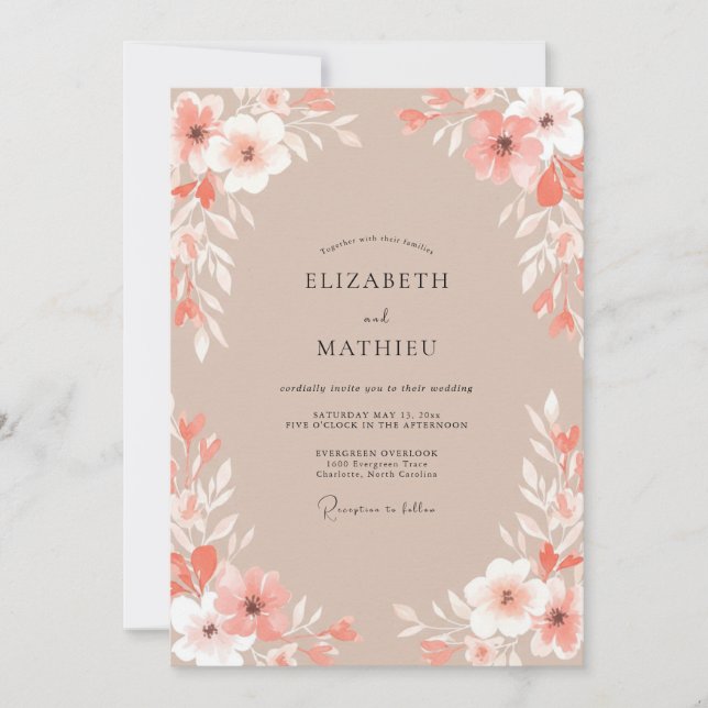 Invitation Mariage Aquarelle Botanique Douce Pêche (Devant)