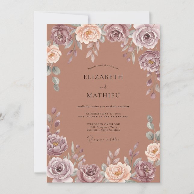 Invitation Mariage aquarelle botanique en bois de rose (Devant)