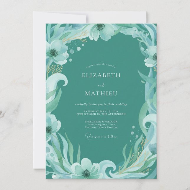 Invitation Mariage Aquarelle Botanique Éthérée Aqua (Devant)