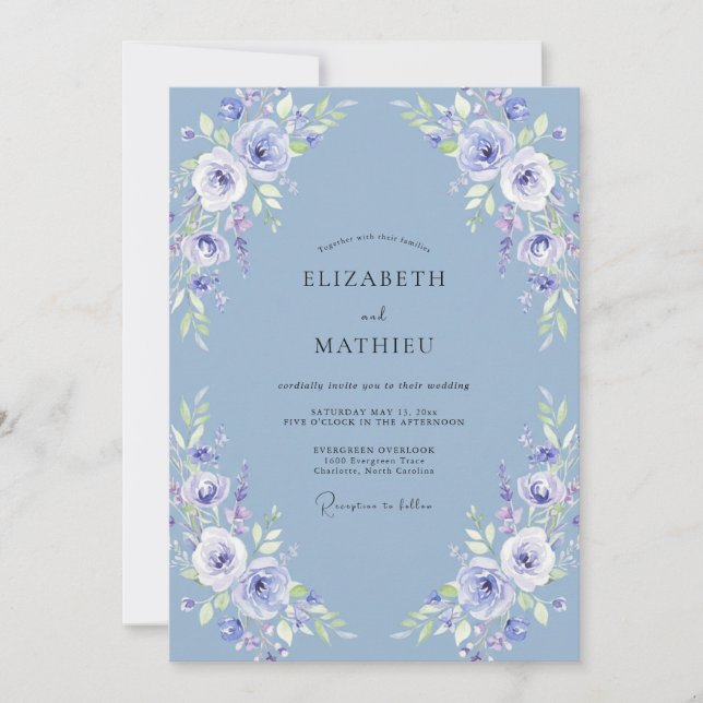 Invitation Mariage Aquarelle Botanique Éthérée Pervenche (Devant)
