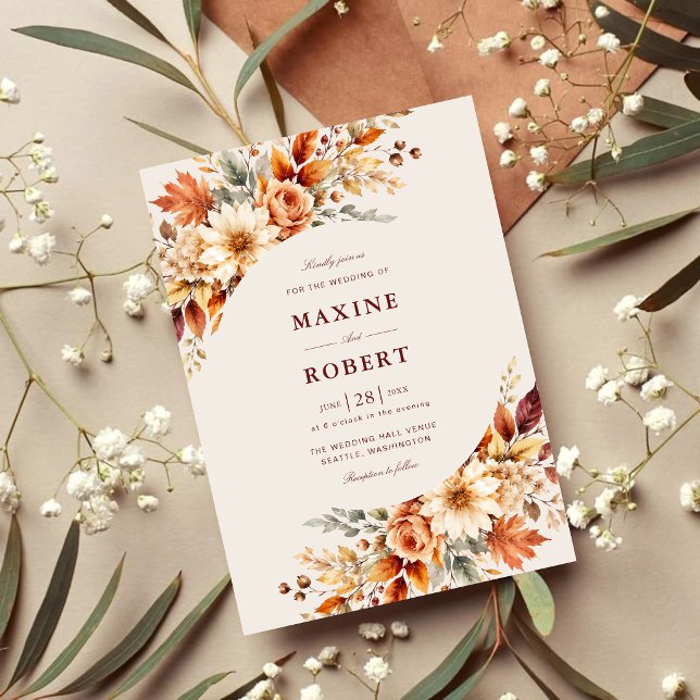 Invitation Mariage aquarelle botanique feuilles d'automne (Fall leaves botanical watercolor invitation brings cozy autumn romance to your wedding.)
